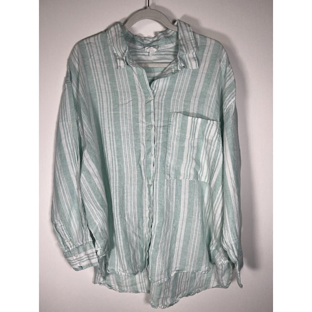 lemlem x H&M green white striped oversized beachy linen flowy shirt XXL resort